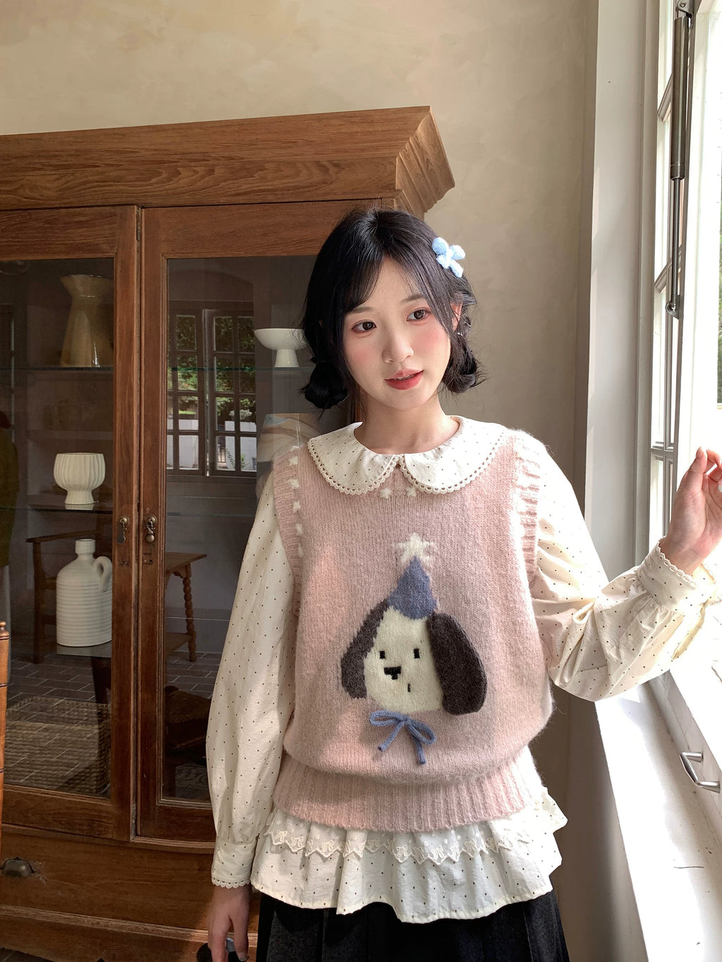 MUCHA Vintage Lace Polka Dot Long Sleeve Shirt