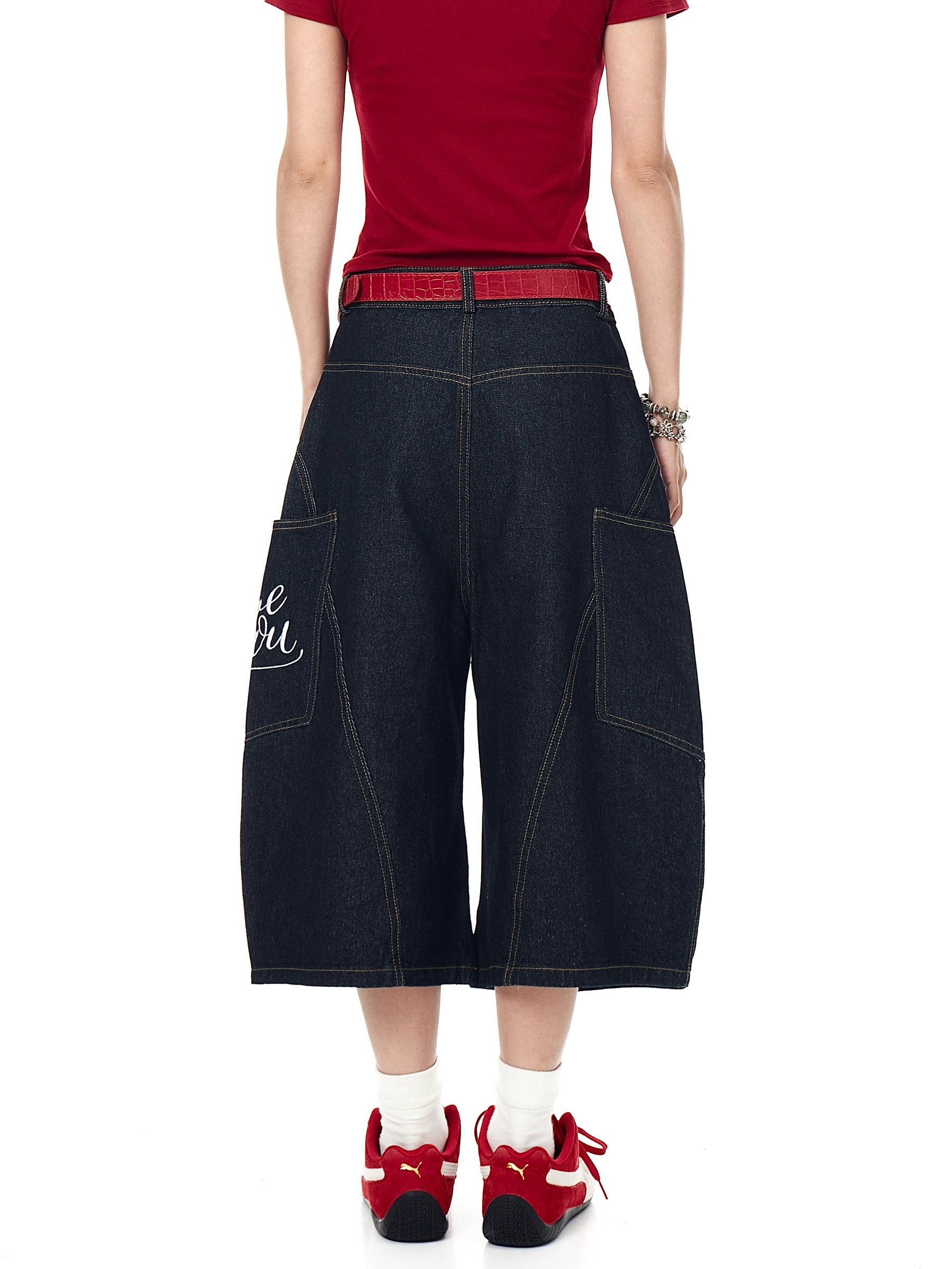 BLACKLISTS Vintage Love Embroidered Scimitar Denim Shorts