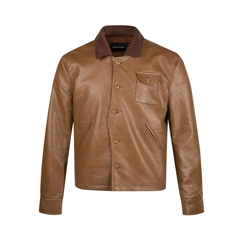 MADEEXTREME Vintage Leather Jacket Lapel Color Matching Irregular Jacket