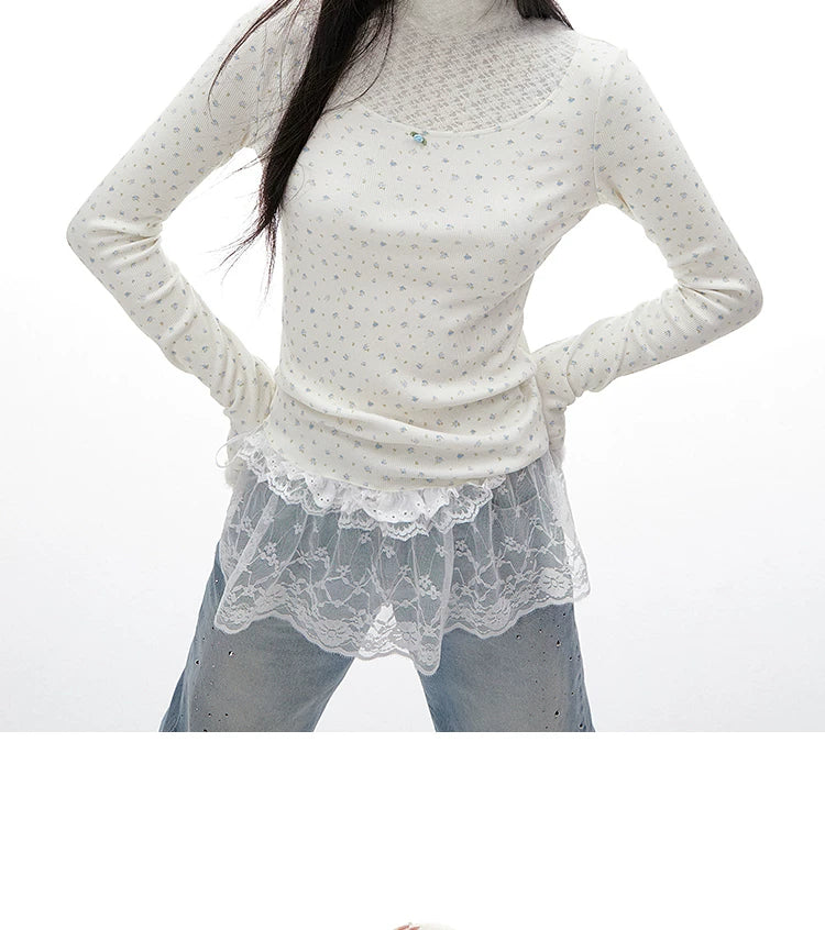 Imone Floral Splicing Hollow Turtleneck Long Sleeve