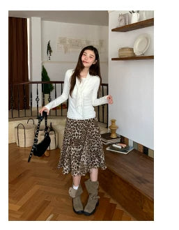 Kano Stitching Elegant Chiffon Leopard Print Skirt