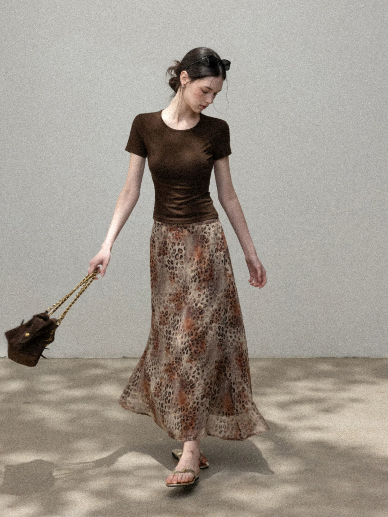 Cantonstory Vintage Slim Tee Leopard Print High Waist Skirt Set