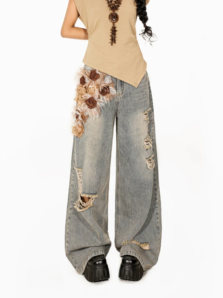 Arielink Three-dimensional Flower Ripped Floor Mopping Jeans
