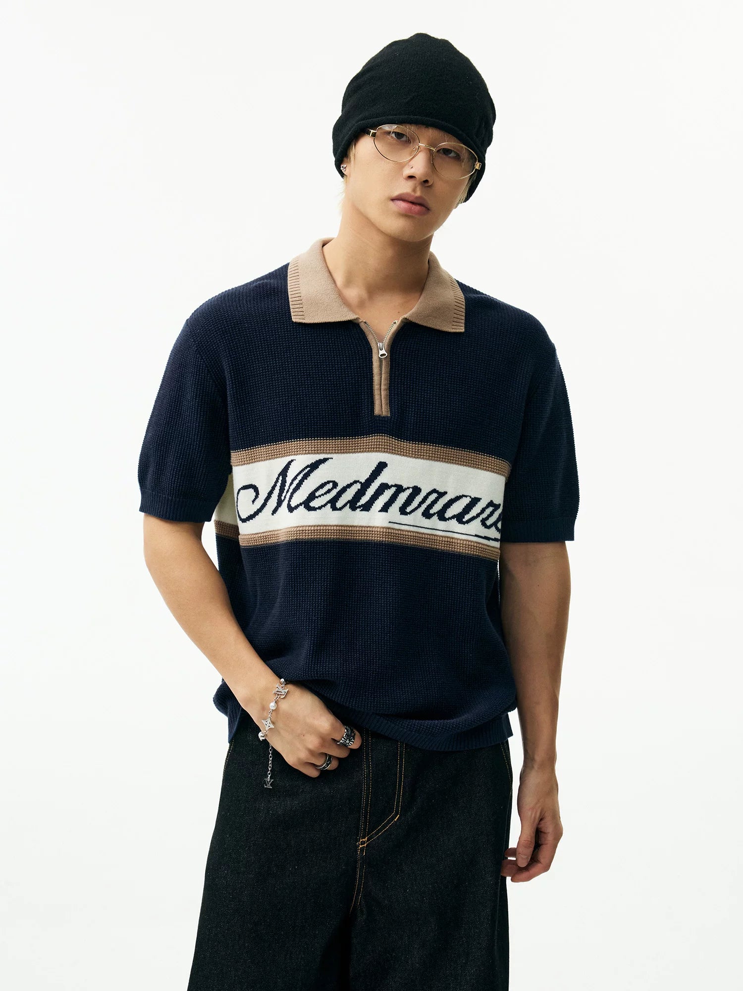 MEDM Contrasting Lapel Neck Zipper Knitted Polo Shirt