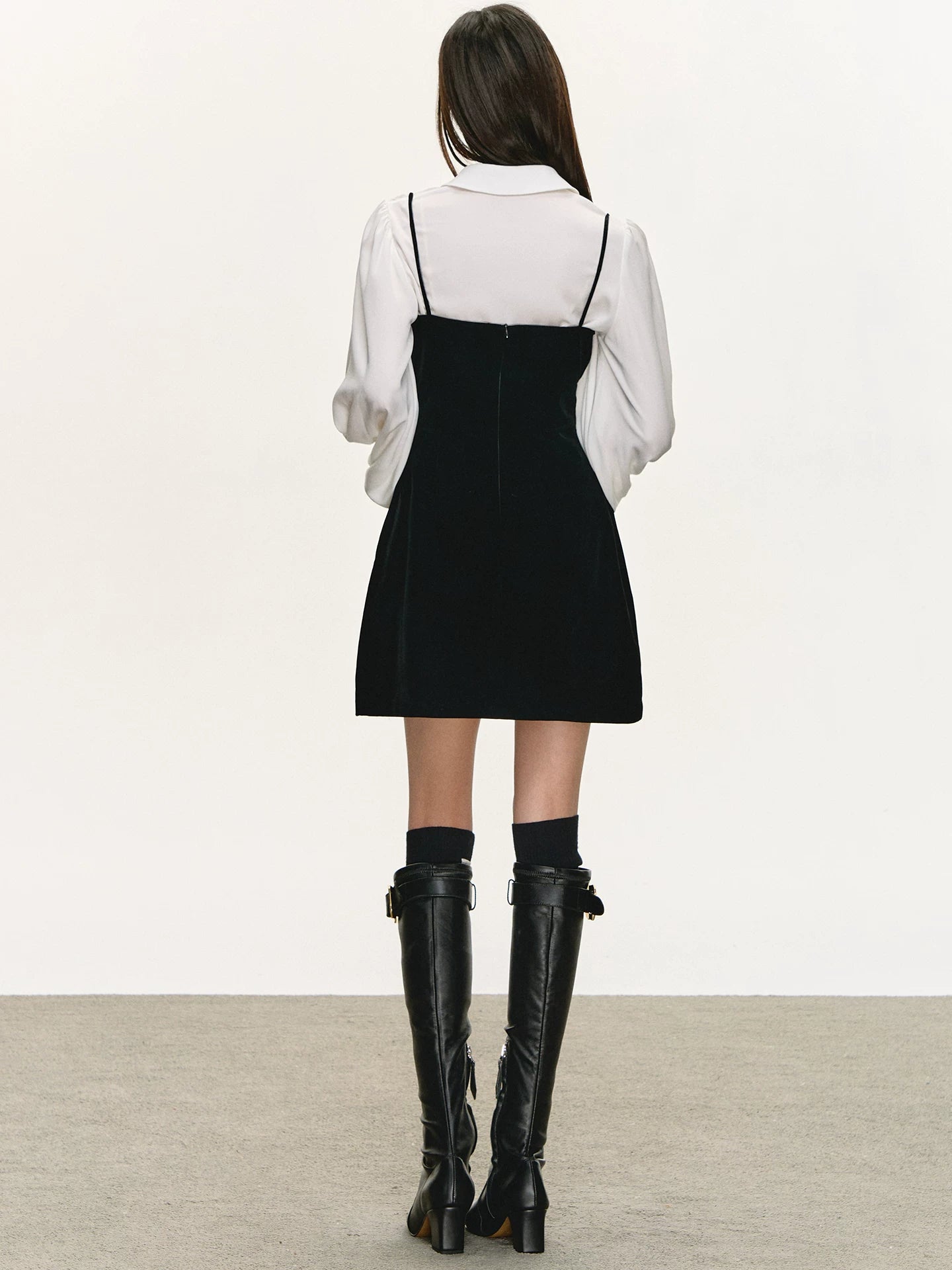 Anna Aneae Long Sleeve Shirt Stacked Velvet Suspender Dress Set