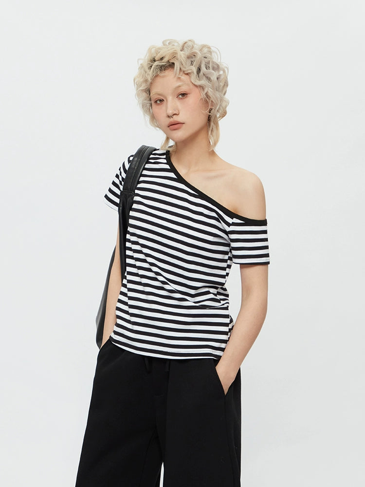 AIRHOOD Slanted Shoulder Striped Off-the-shoulder Tee