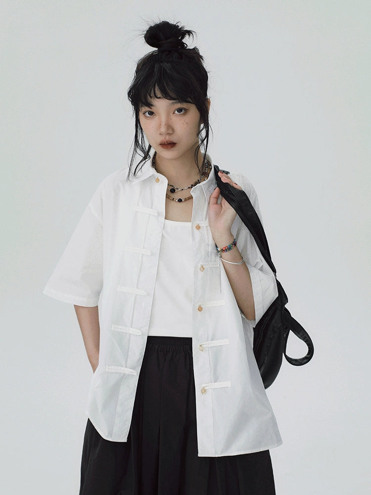 STILLYOU New Chinese Retro Jewel Button Short Sleeve Shirt