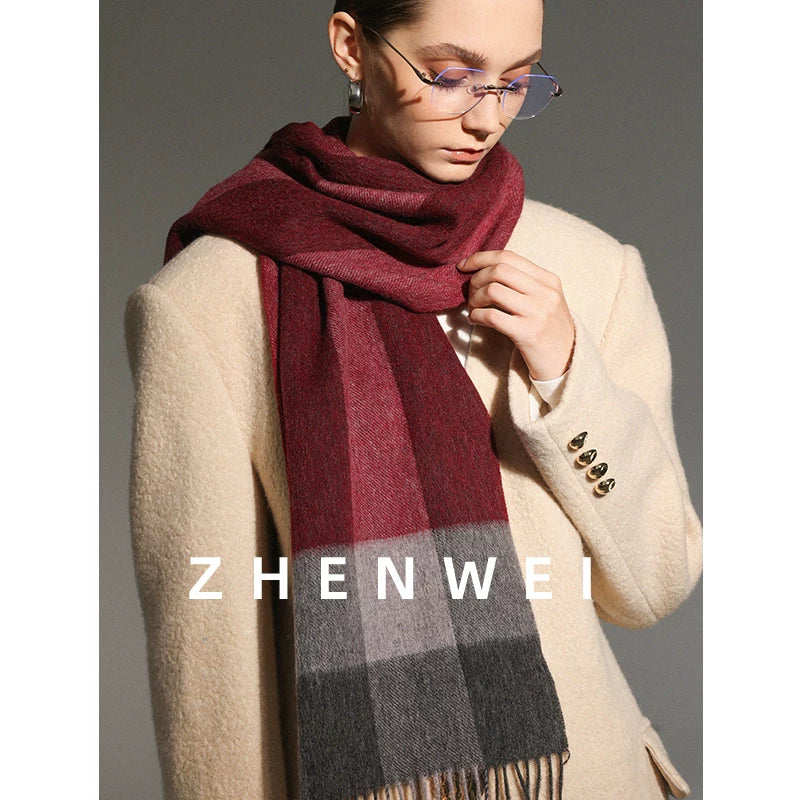 ZHENWEI 100% Wool Plaid Scarf