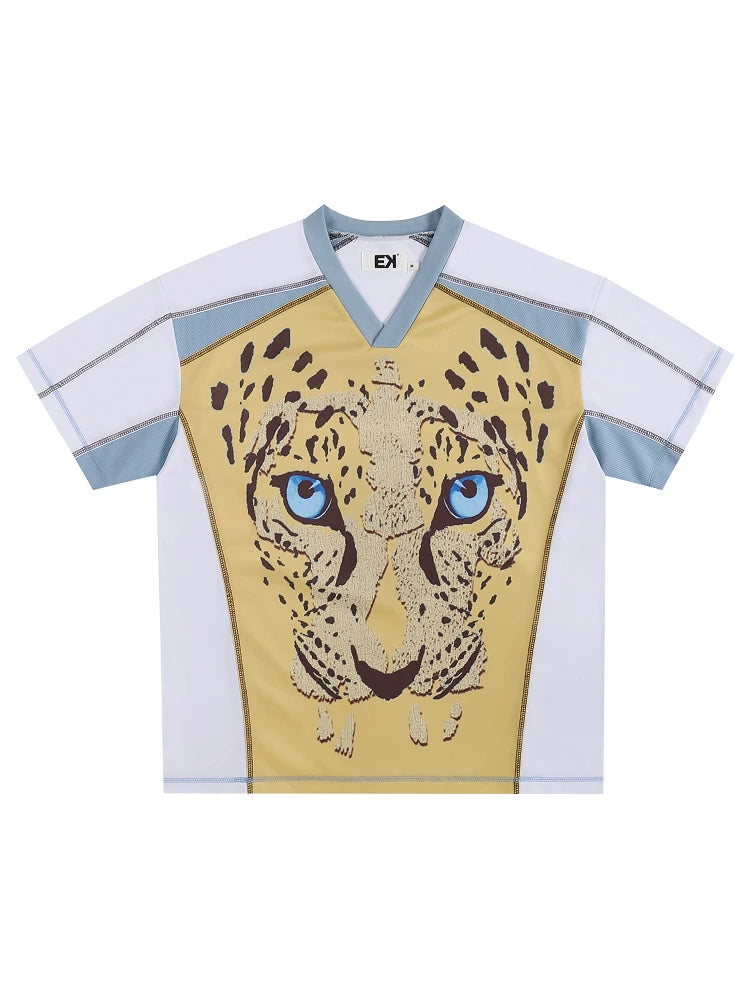 EK Leopard Print V Neck Casual Sports Tee
