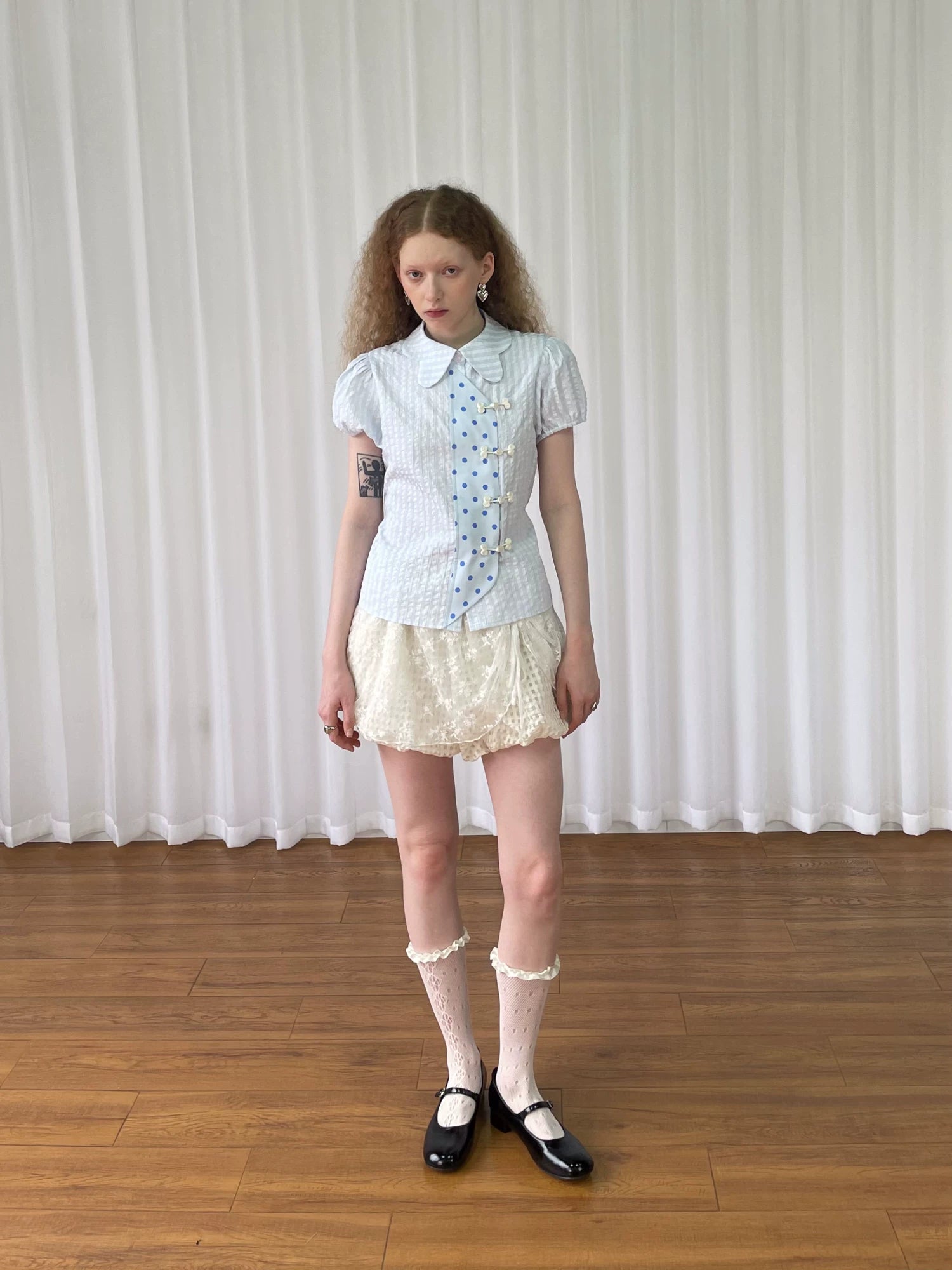 Loosesmell Checked Polka Dot Short Sleeve Shirt