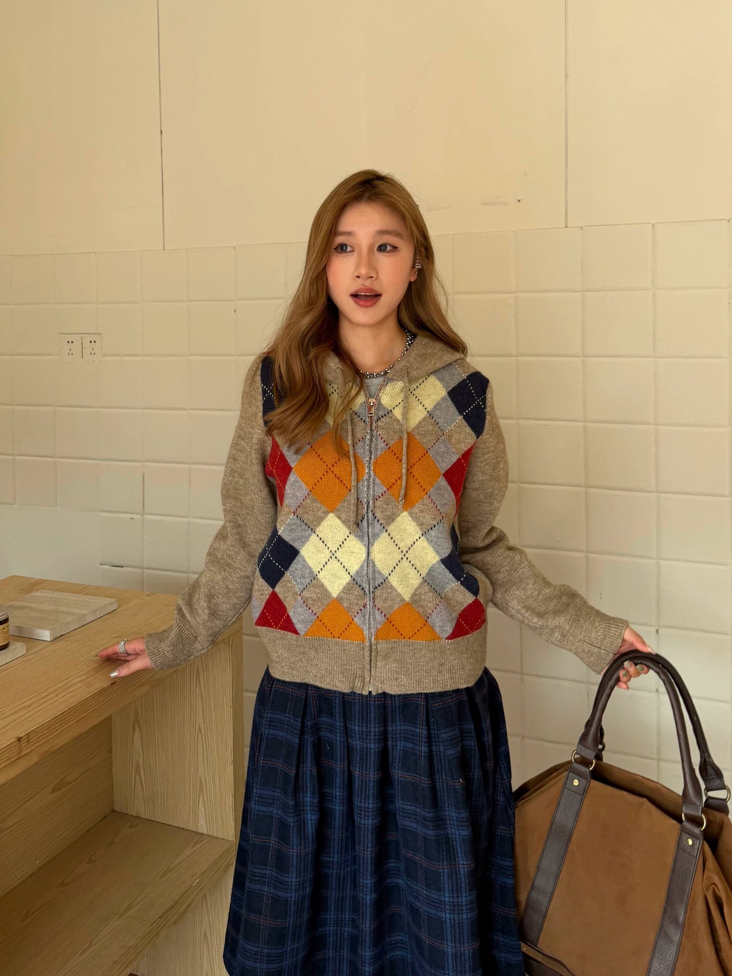 CCYE Vintage Rhombus Hooded Sweater Knitted Cardigan Jacket