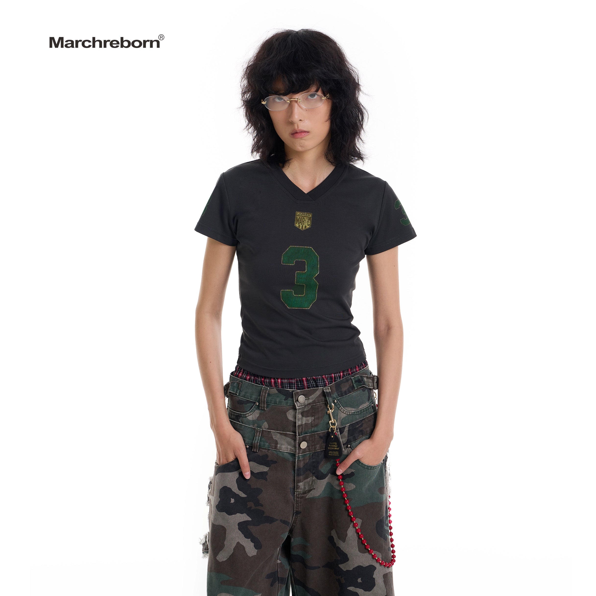 March Vintage Jersey Summer V-neck Digital Print Tee