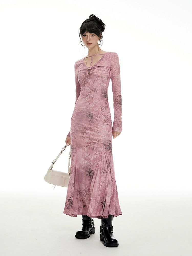 IMONE Vintage Slim Fit Alphabet Floral Full Printed Dress