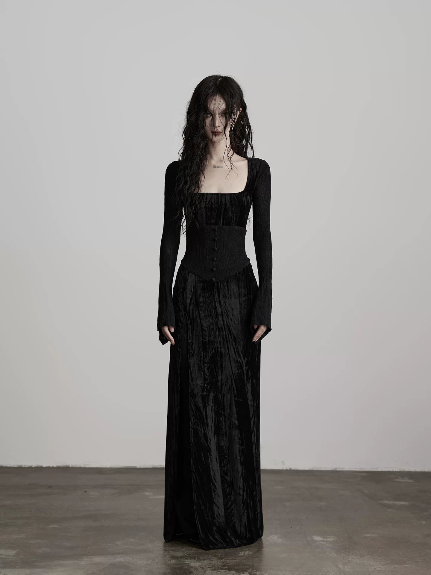 INDULGE Velvet Splicing Lace Long Sleeve Dress