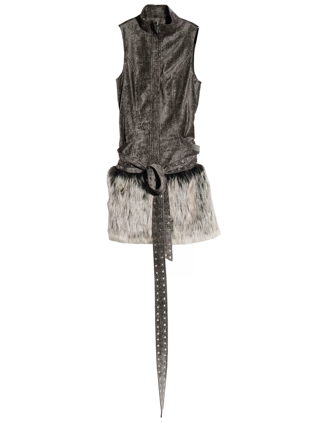 JNYLON Retro Rivet Belt Decorative Fluffy Splicing Turtleneck Short Tank Top Skirt