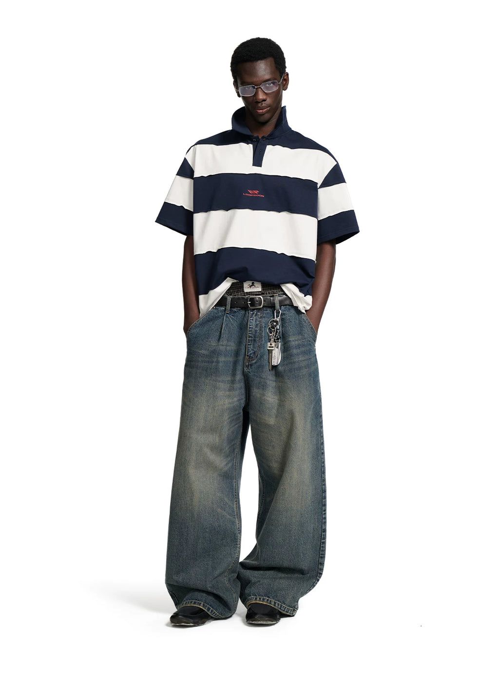 Loopsoon Vintage Contrasting Stripe Stitching Rough Edge Polo Tee