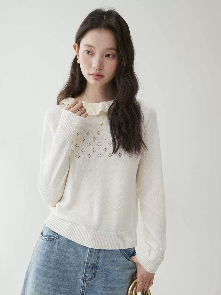 VOOE Lace Round Neck Hollow Long Sleeve
