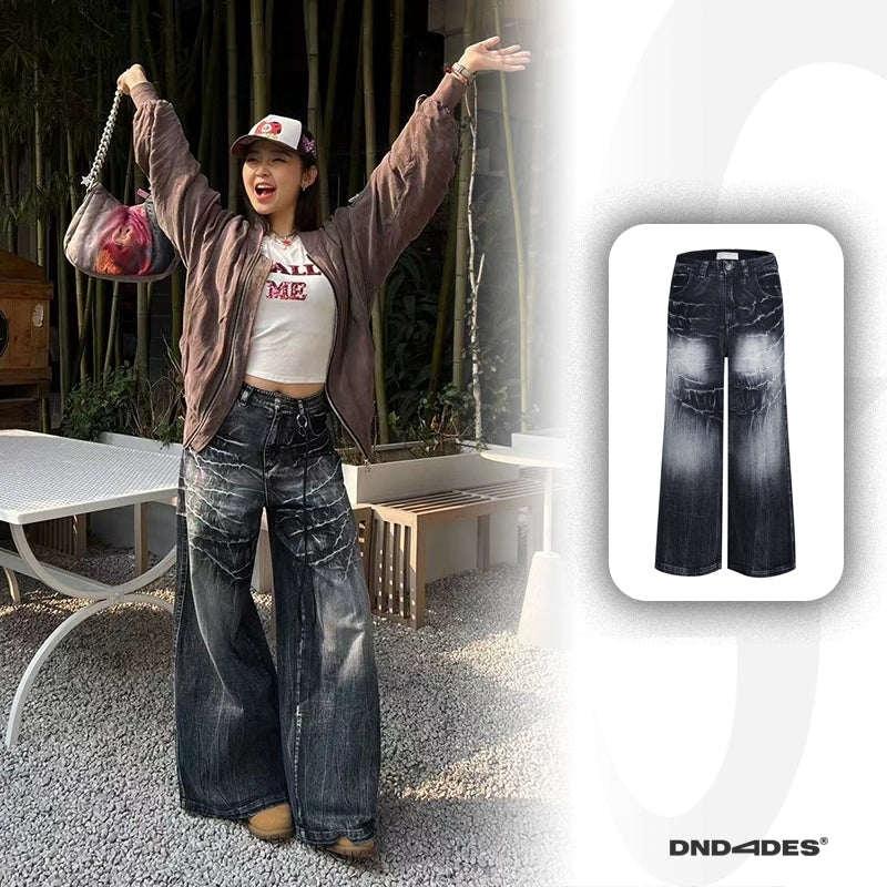 DND4DES Washed Old Lightning Pattern Loose Wide-leg Pants Jeans