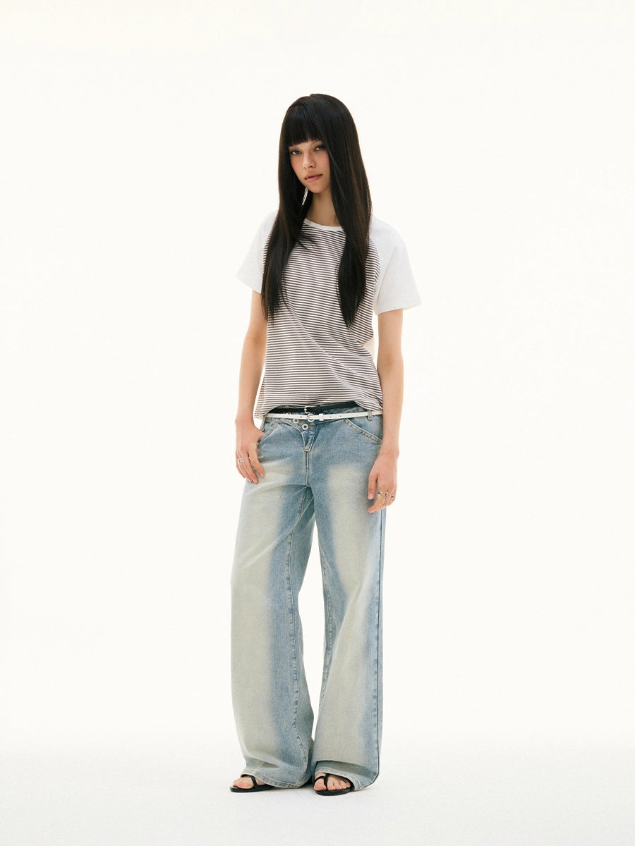 FUNKYFUN Pinstripe Contrasting Patchwork Shoulder Tee