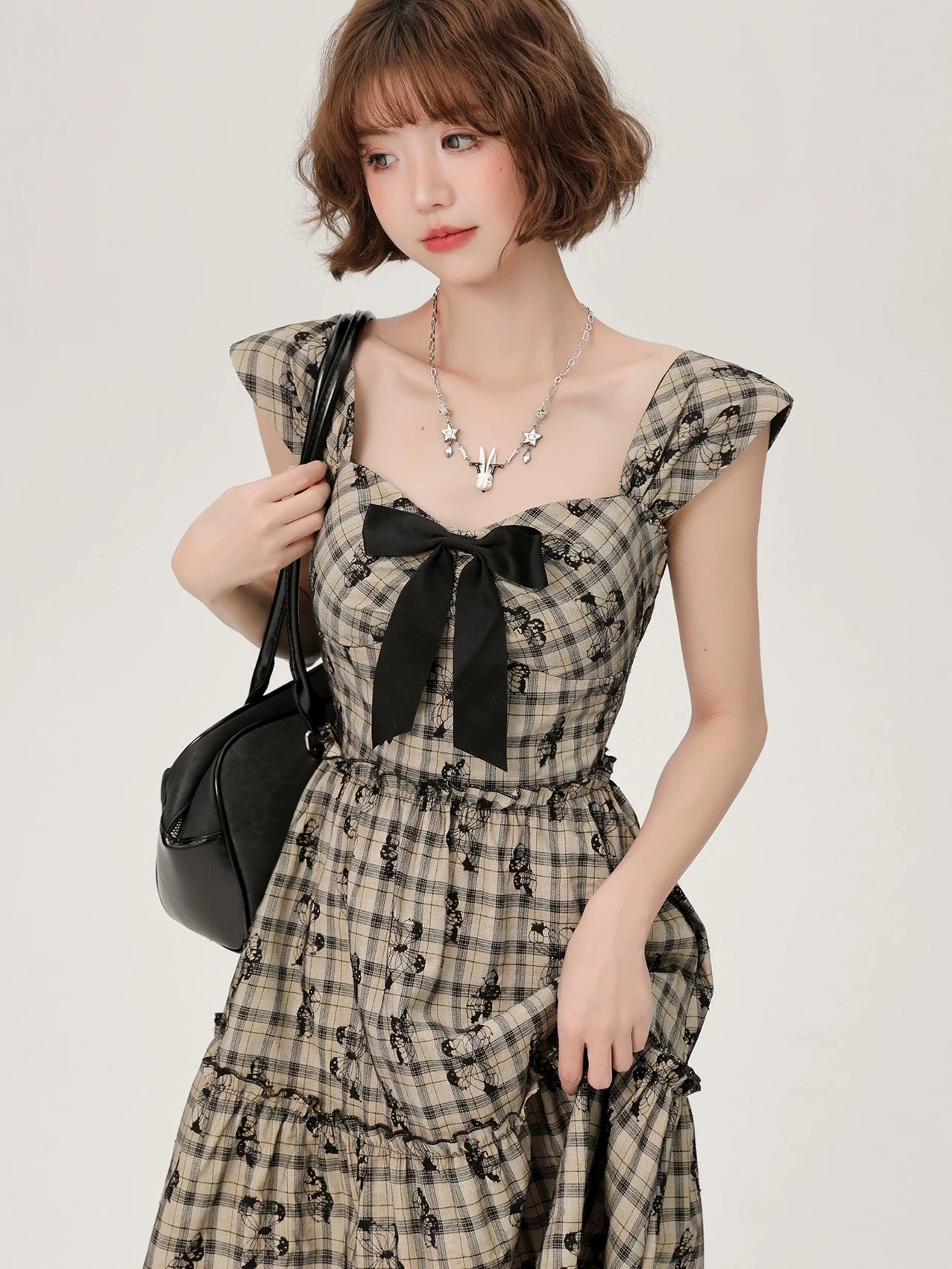 Girlyhalo Vintage Plaid Bow Dress