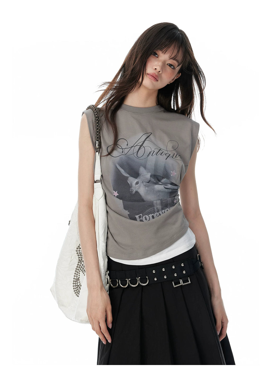 JIKOO Printed Asymmetrical Fake Two-piece Vest