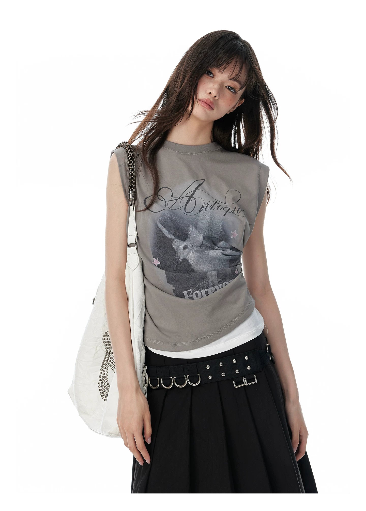 JIKOO Printed Asymmetrical Fake Two-piece Vest