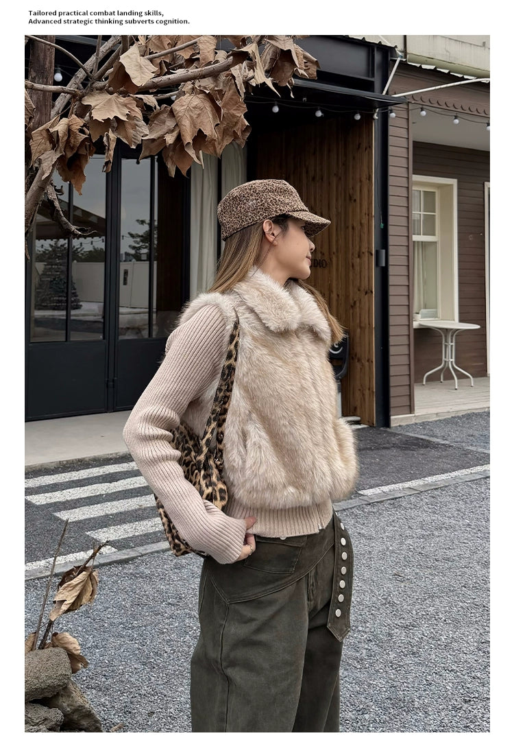 Mershier Vintage Loose Warm Knitted Spliced Fluffy Jacket