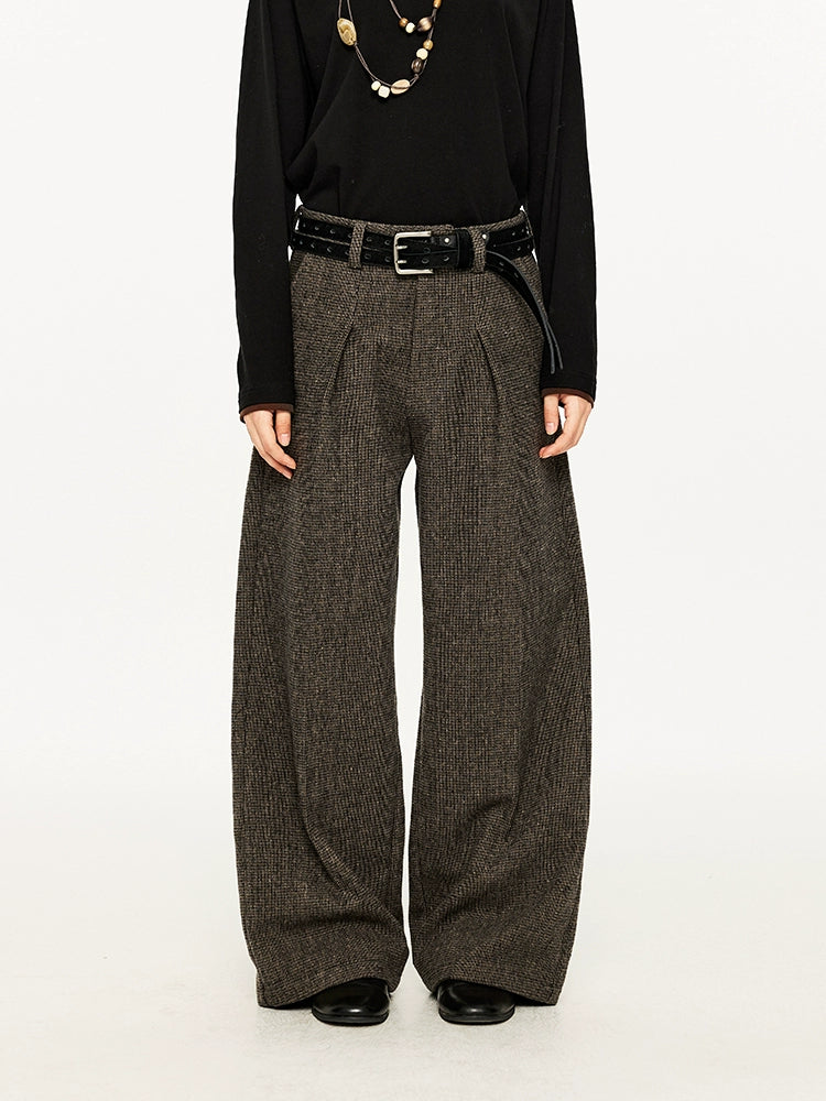 KREATE Tweed Pleated Slightly Wide A-shaped Casual Trousers
