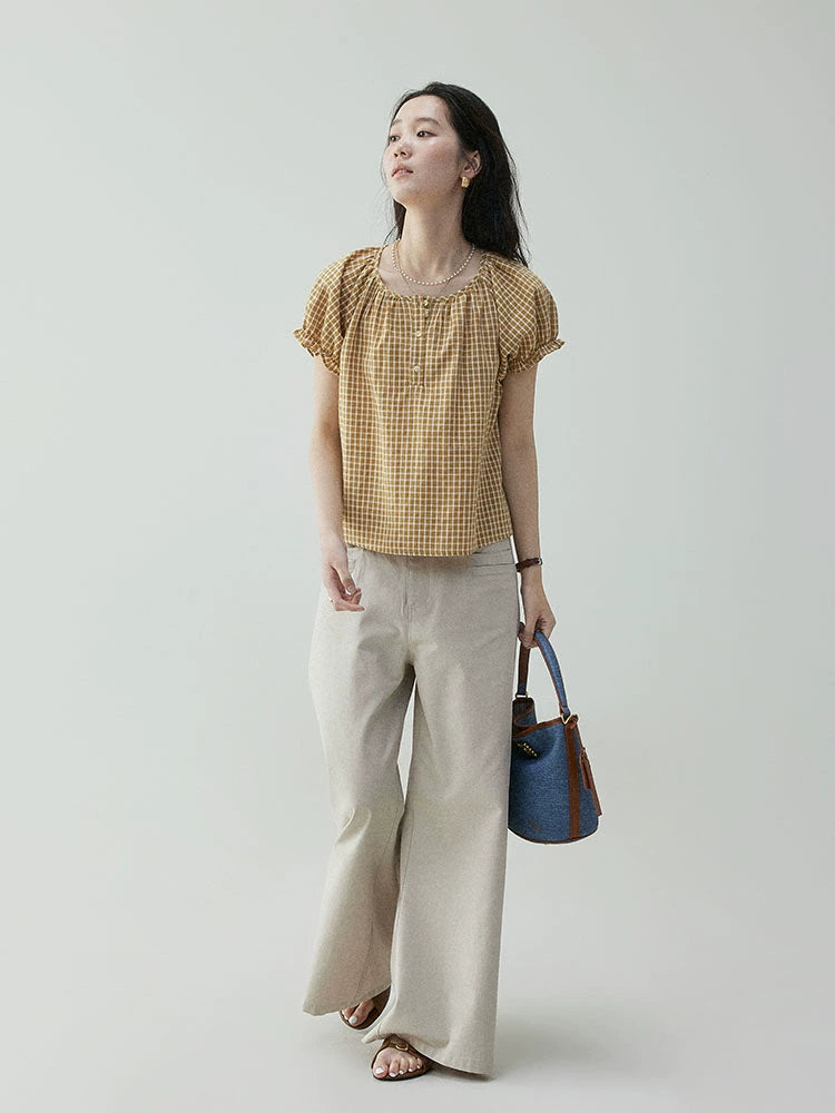 VOOE Vintage Plaid Loose Casual Bubble Sleeve Shirt