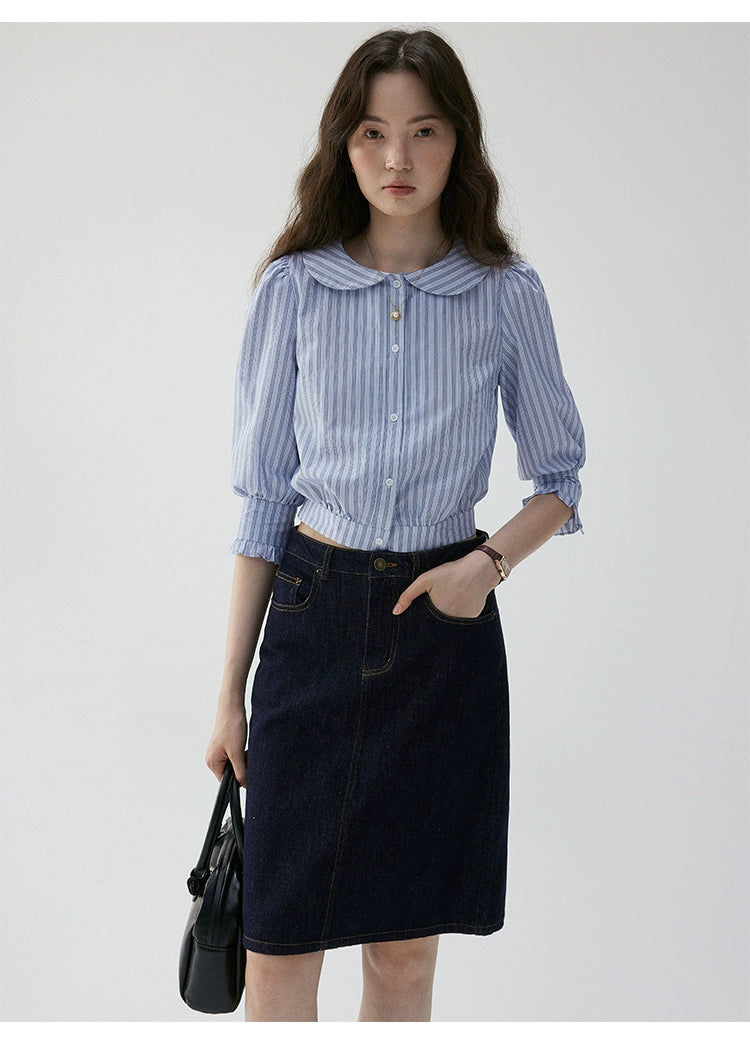 VOOE Short Doll Collar Striped Seven-quarter Sleeve Shirt