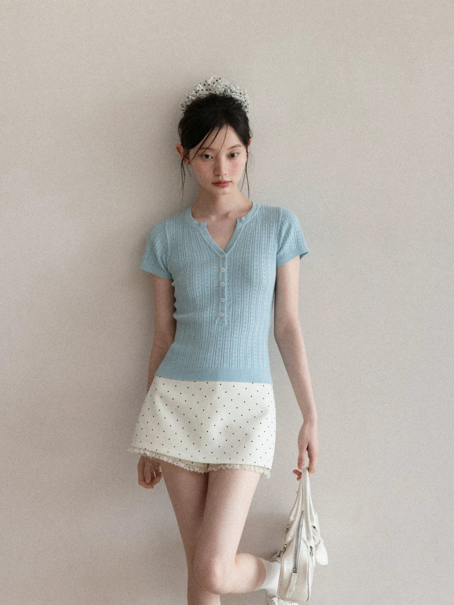 Cantonstory V-neck Slim-fit Knit Tee High-waisted Polka Dot Lace Midi Skirt Set