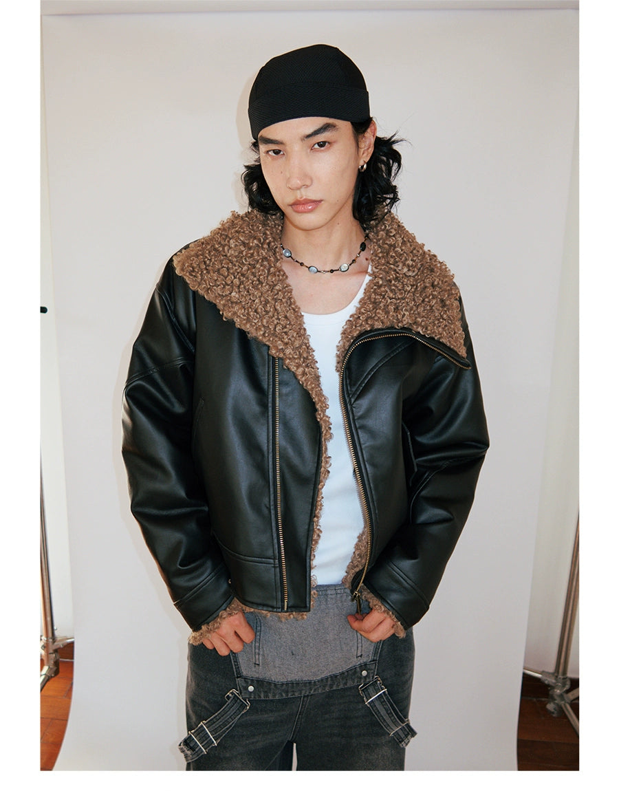 FUNKYFUN Leather Contrasting Spliced Cotton Jacket