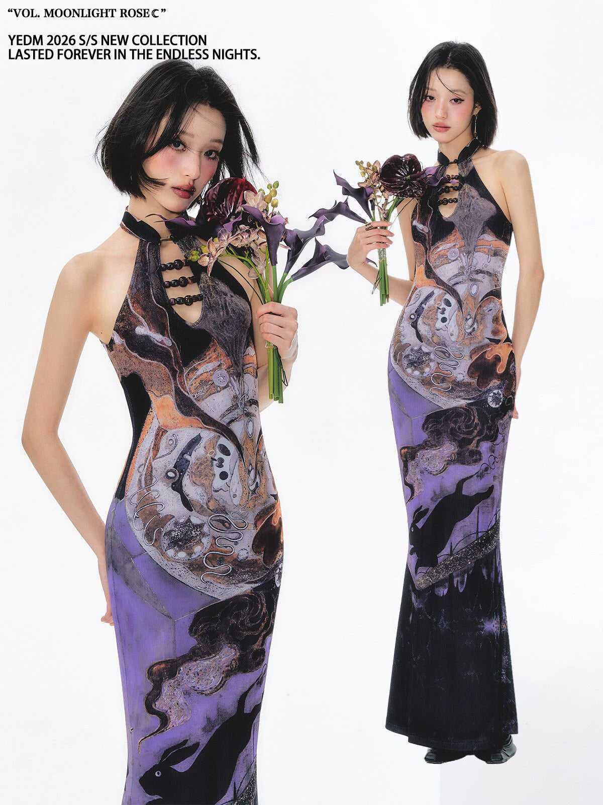 YEDM Beaded Cheongsam Skirt Printed Dress