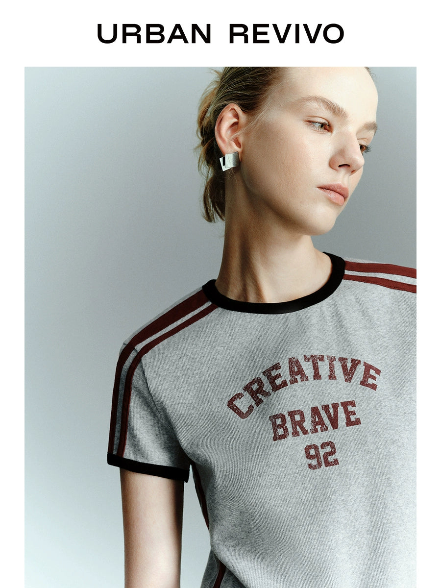 URBAN REVIVO-style Retro Contrasting Color Letter Short-sleeved T-shirt