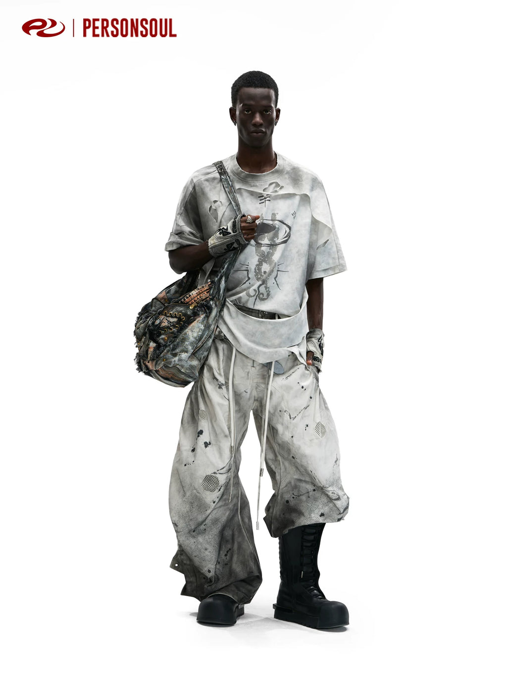 PERSONSOUL Inkjet Smudged Drawstring Jeans