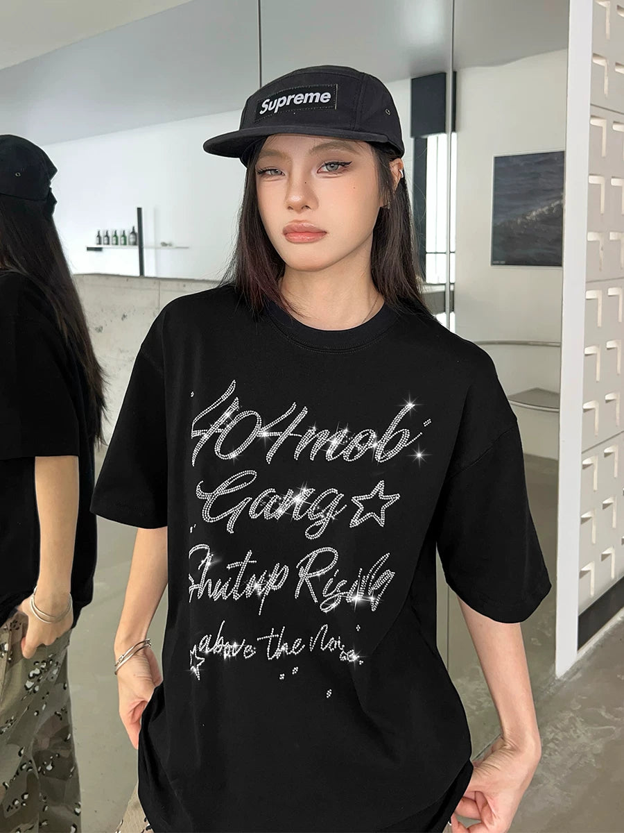 404MOB Letter Hot Diamond Round Neck Loose Tee