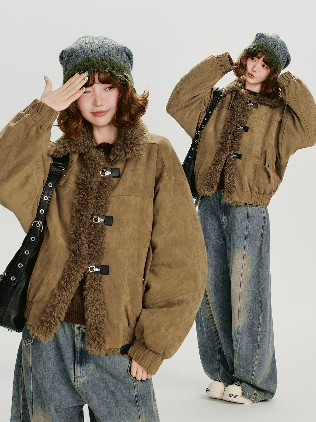 Girlyhalo Vintage Lamb Feather Patchwork Jacket