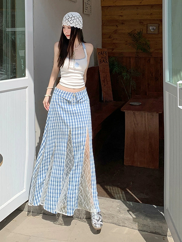 KPSR Plaid Lace Stitching A-word Vertical Skirt