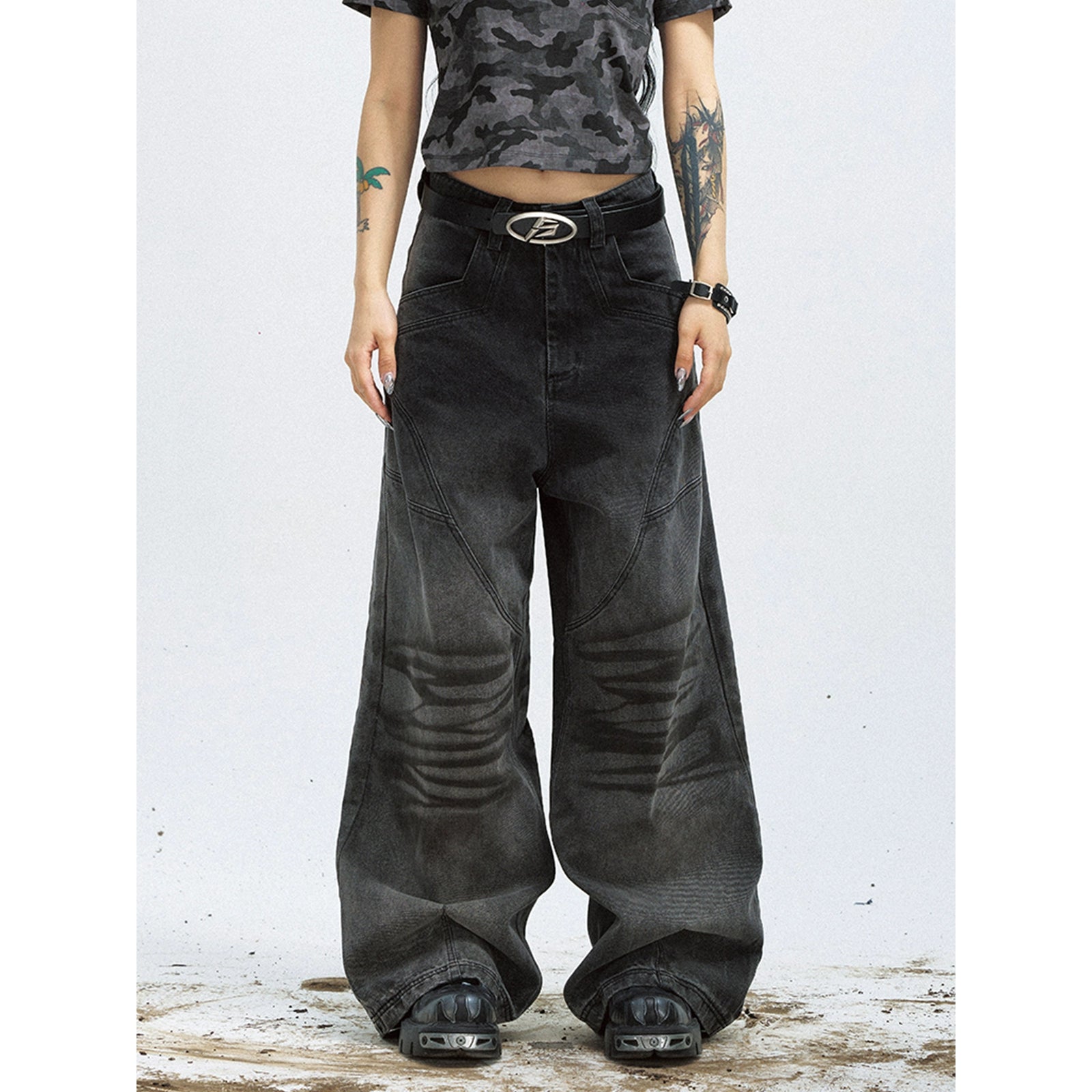 PEOPLESTYLE Vintage Pleated Washed Old Straight Jeans