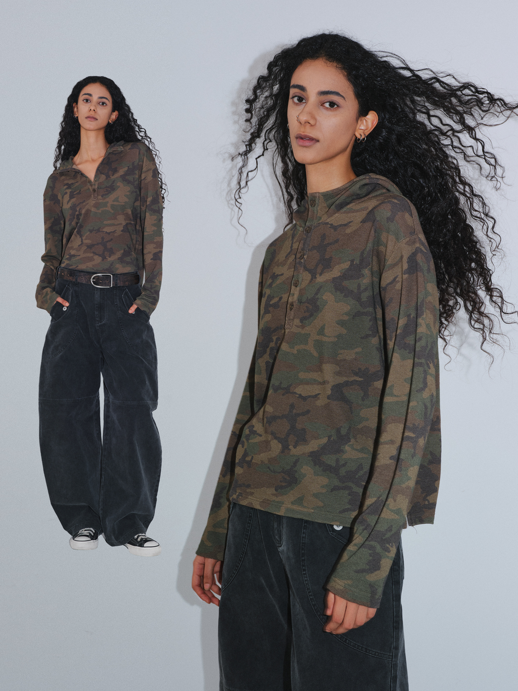 VLABMADE Waffle Green Camouflage Contrast Hooded Long Sleeve