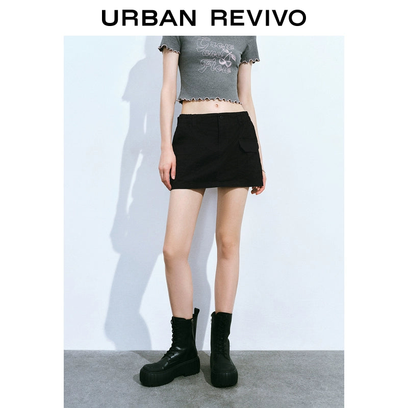 URBAN REVIVO Tooling Double-sided Patch Bag American Straight Short Skirt