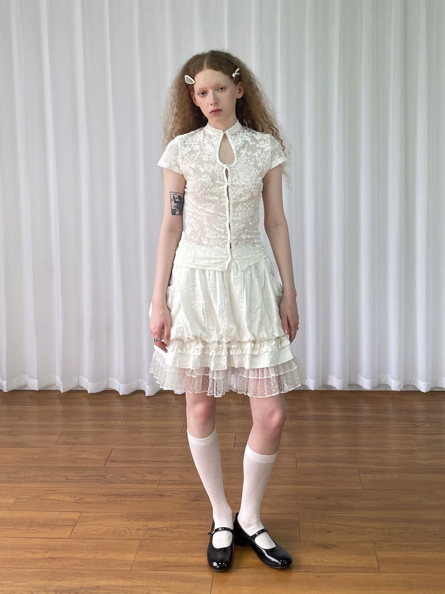Loosesmell Jacquard Spliced Lace Waist Shirt