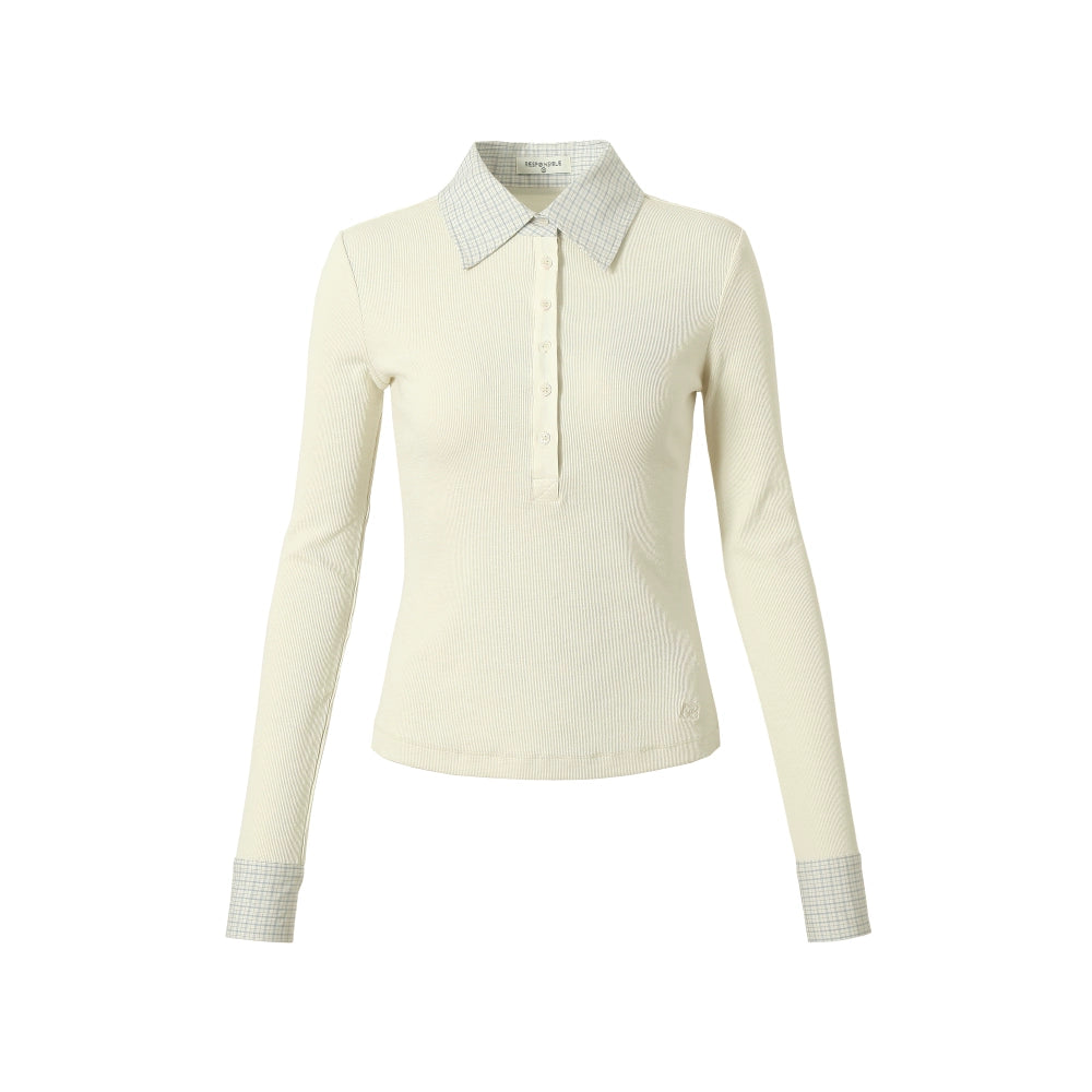 RPB BRAND Checked Splicing Polo Collar Fake Two-piece Waist College Bottoming Shirt