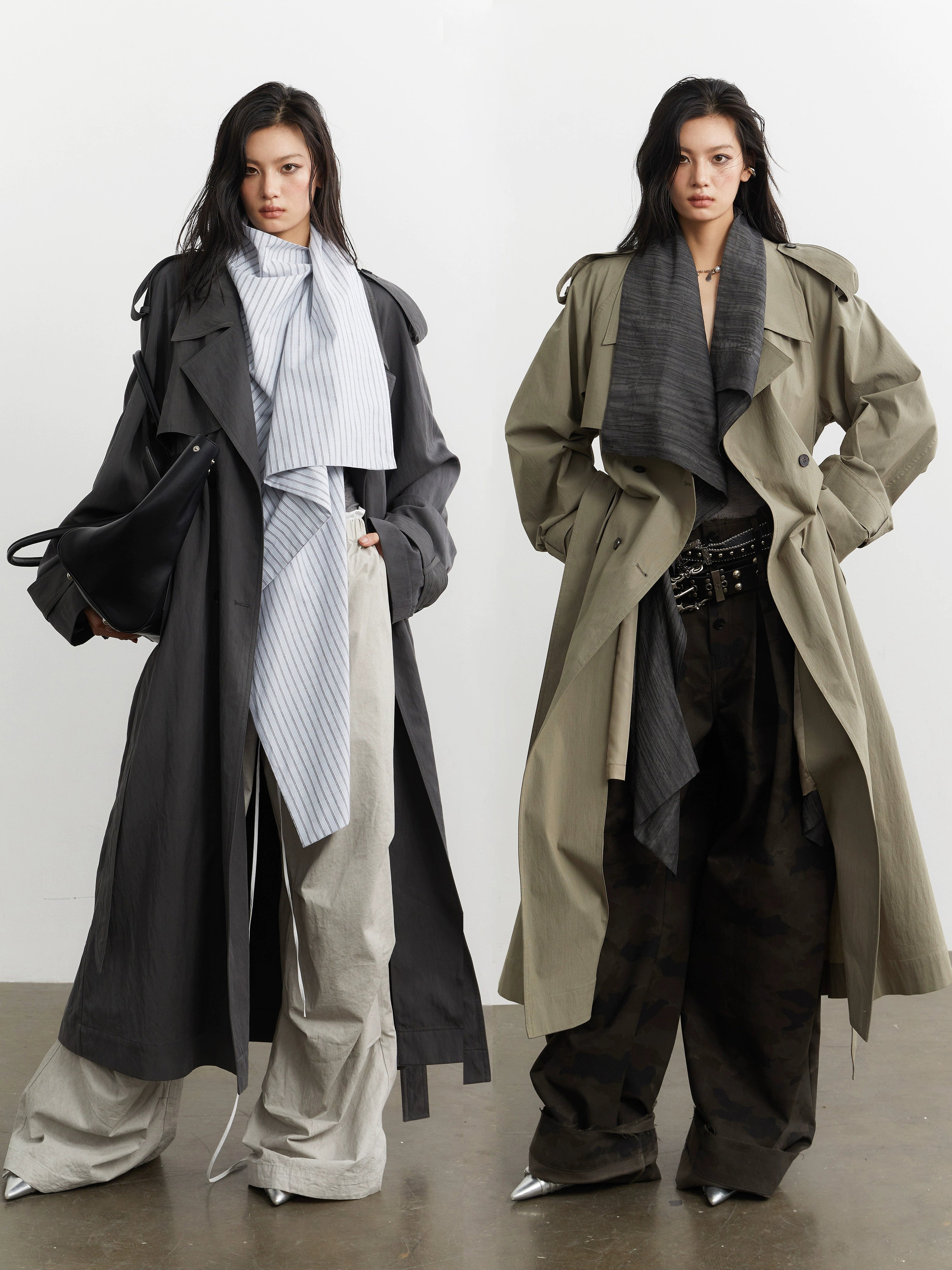 JNYLON Minimalist Loose Fake Two-piece Removable Collar Contrasting Color Long Trench Coat