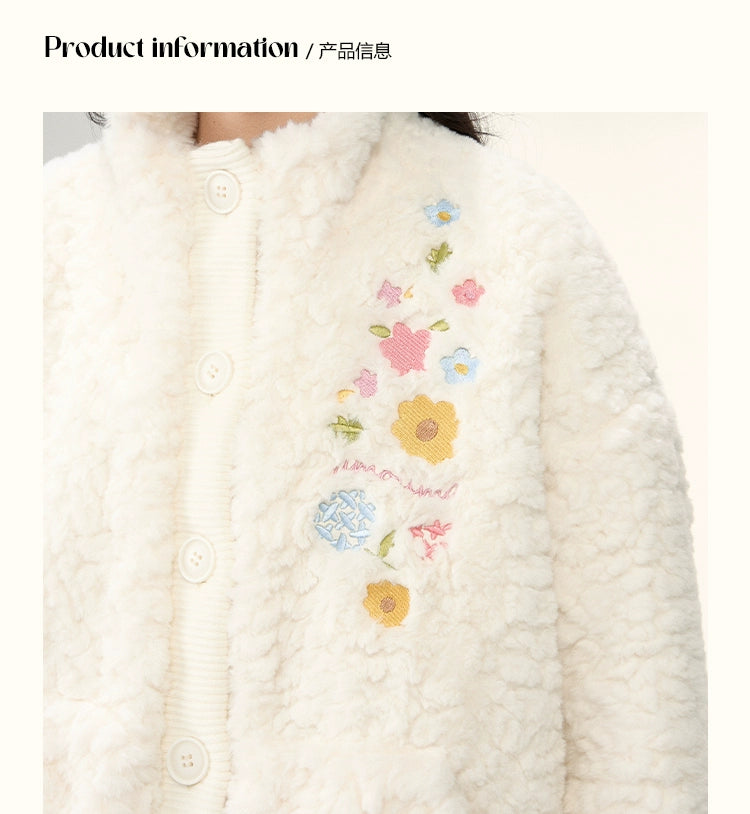 Umoumo Flower Embroidery Knitted Splicing Stand-up Collar Fur Jacket