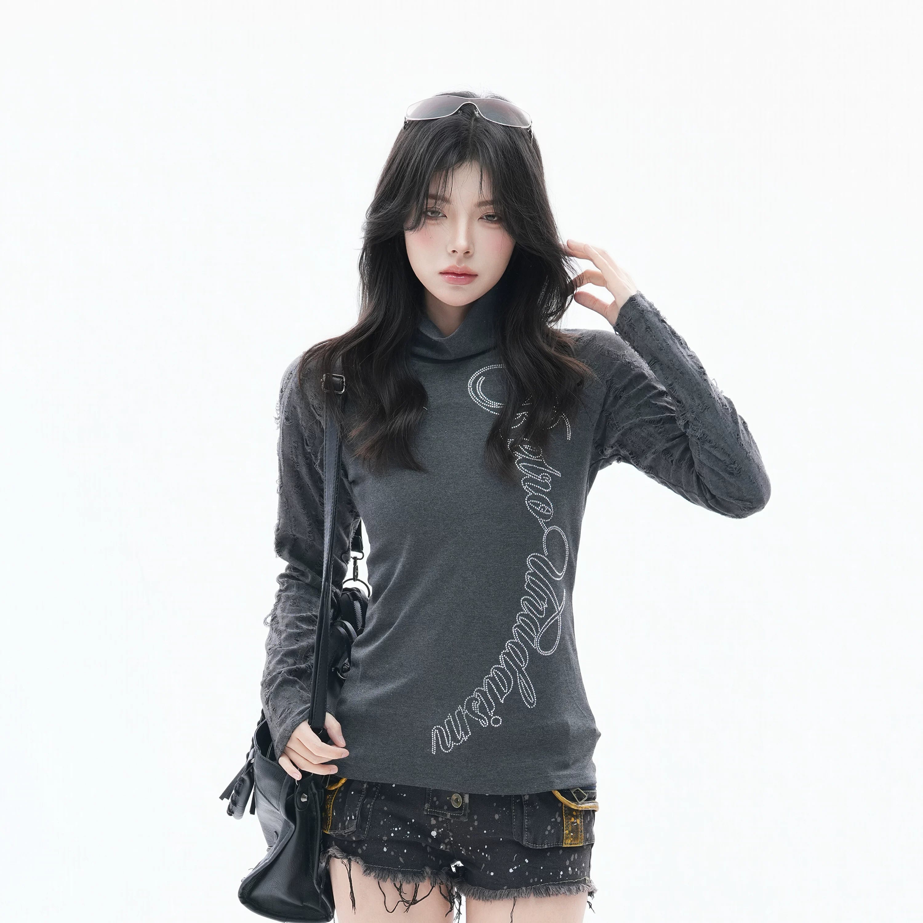 Zuocisankon High Neck Slim Fit Hot Diamond Long Sleeves