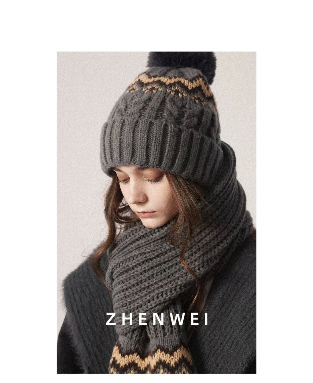 ZHENWEI Knitted Jacquard Thermal Suit Hat Scarf