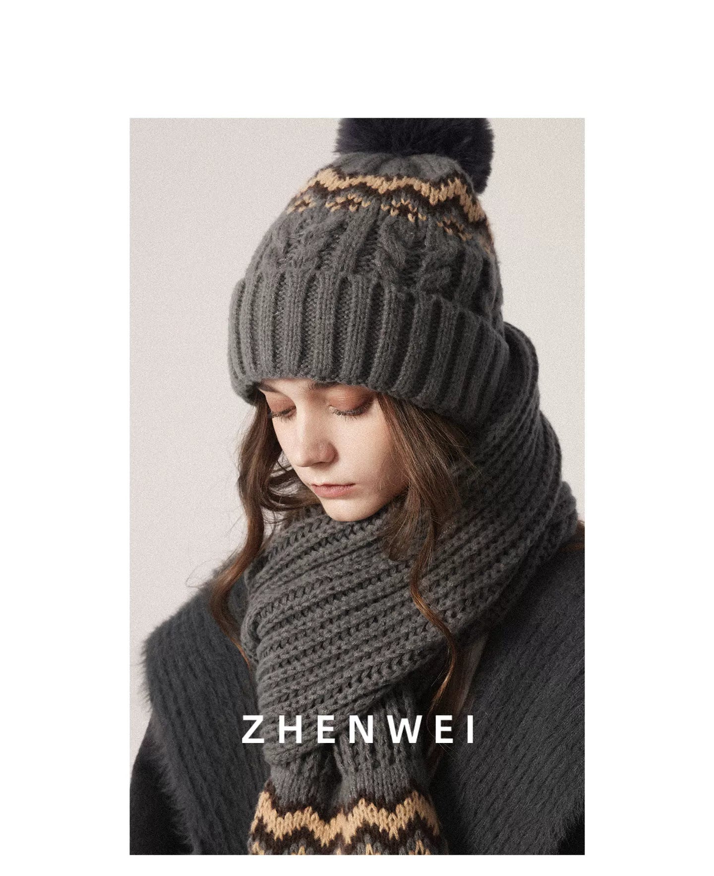 ZHENWEI Knitted Jacquard Thermal Suit Hat Scarf