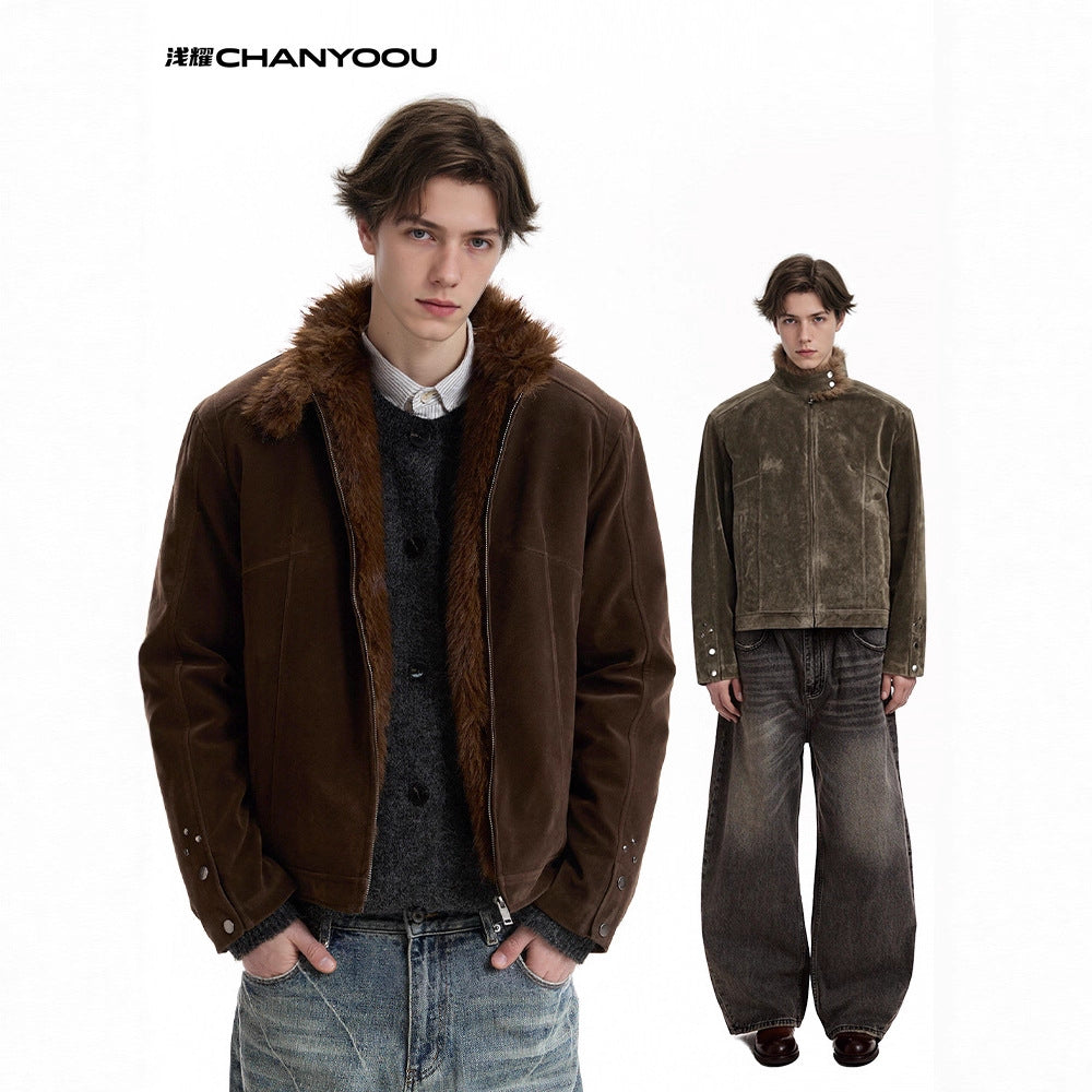 CHANYOOU Retro Stand-up Collar Fur Collar Fleece Short Coat