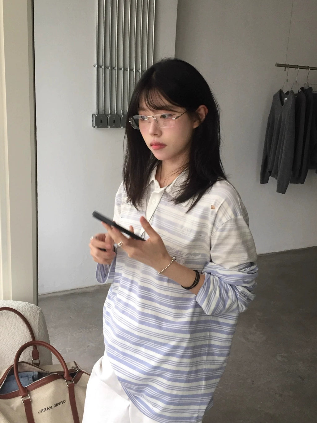 WASE Spray Dye Gradual Change Hole Print Polo Stripe Long Sleeve